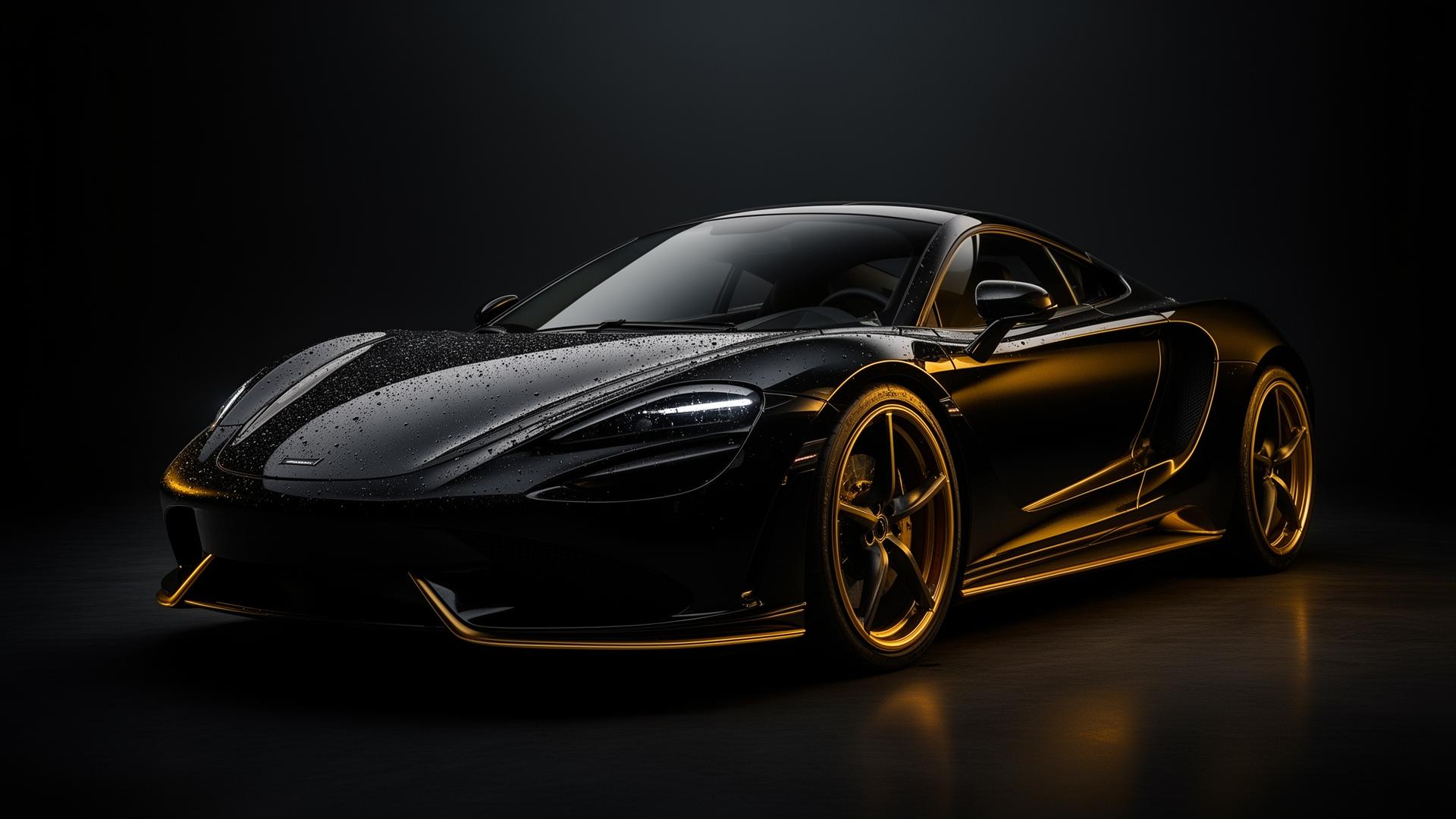 Black luxury sports car with gold accents in detailing studio